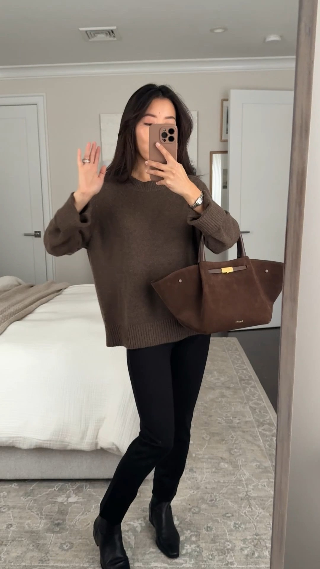 Oversized cozy sweater outfit

• Quince Mongolian cashmere oversized crewneck sweater xs, relaxed boxier cut

• Quince knit stretch pants size xs 26" inseam, slim fitting, size up if you're between sizes

• Madewell Dimes boots 5.5, a little narrow so I took my bigger half size

• Demellier bag

Winter sweater outfit, petite friendly, easy mom outfit

#LTKootd #LTKmomlife #LTKPetite