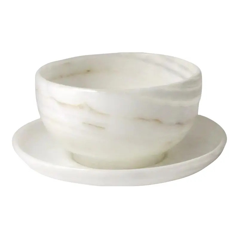 White Onyx Marble Bowl and Saucer Set | Chairish