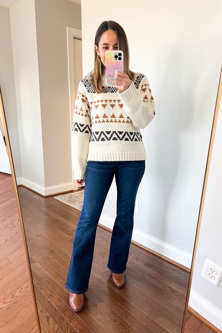 Wearing today 

Sweater xs 
Boots true to size 
Jeans petite 24 stretchy, 11” rise I’m wearing the curvy fit 

