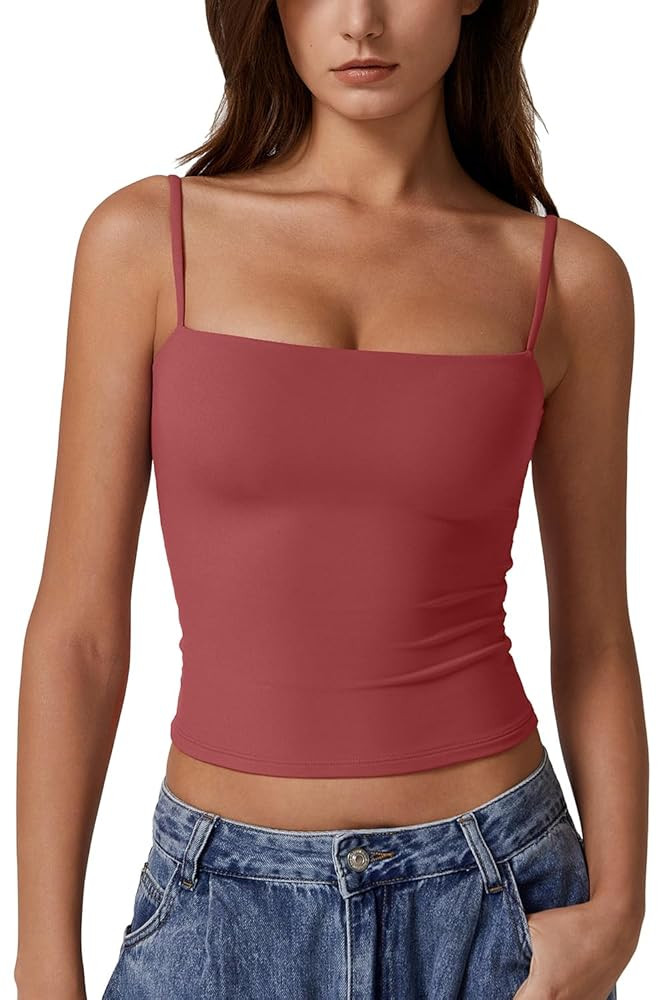 QINSEN Women's Double Lined Basic Tank Top Adjustable Spaghetti Straps Sleeveless Camisole Shirts | Amazon (US)