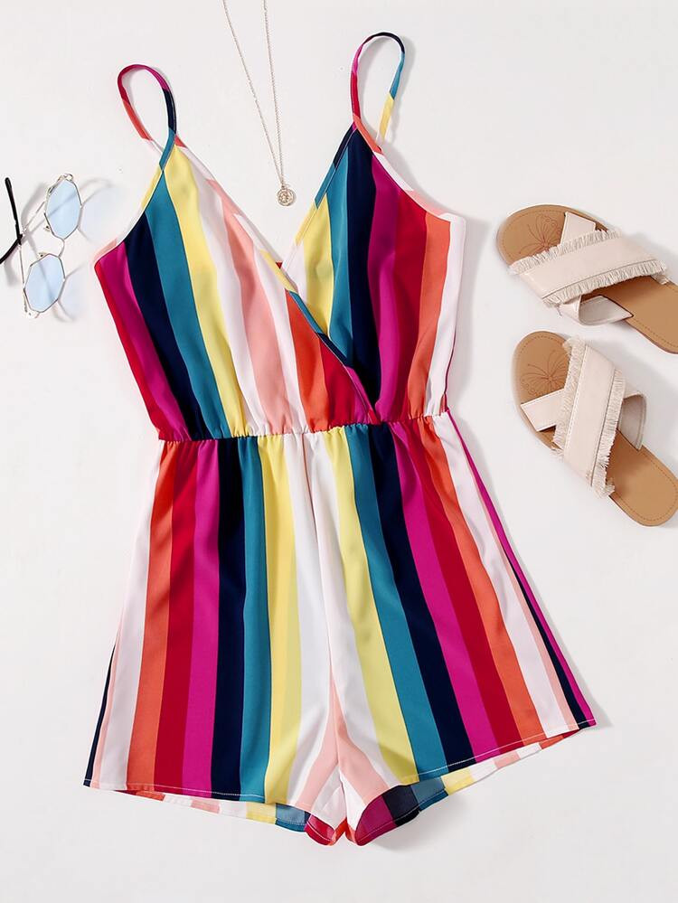 SHEIN Surplice Neck Striped Colorblock Slip Romper | SHEIN