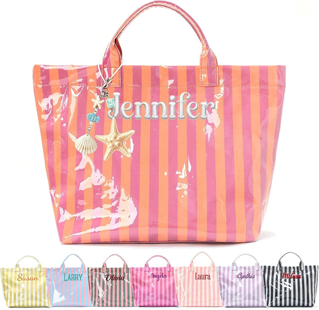Personalized Beach Tote Bag with Name, Custom Embroidery Waterproof Striped Tote for Women, Large... | Amazon (US)
