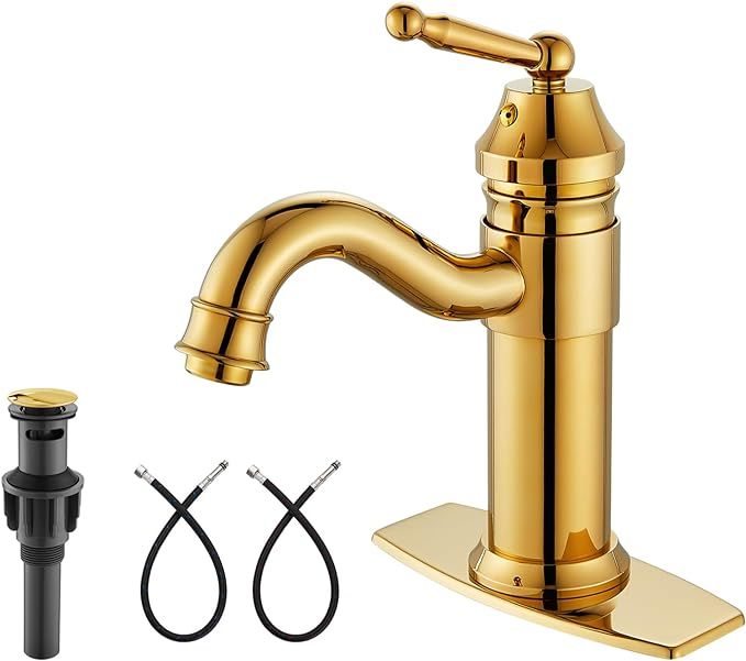Heyalan Polish Gold Bathroom Sink Faucet Brass One Hole Single Handle Lavatory Fixture Deck Mount... | Amazon (US)
