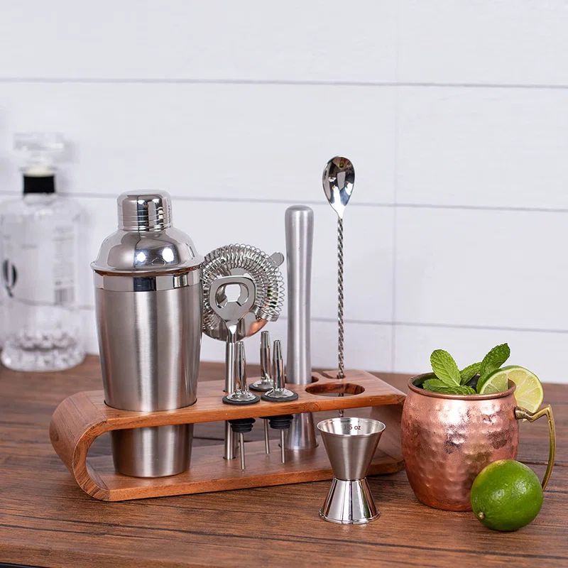 BIRDROCK HOME 10 Piece Bartender Kit With Acacia Wood Stand - Professional Grade Stainless Steel ... | Wayfair North America