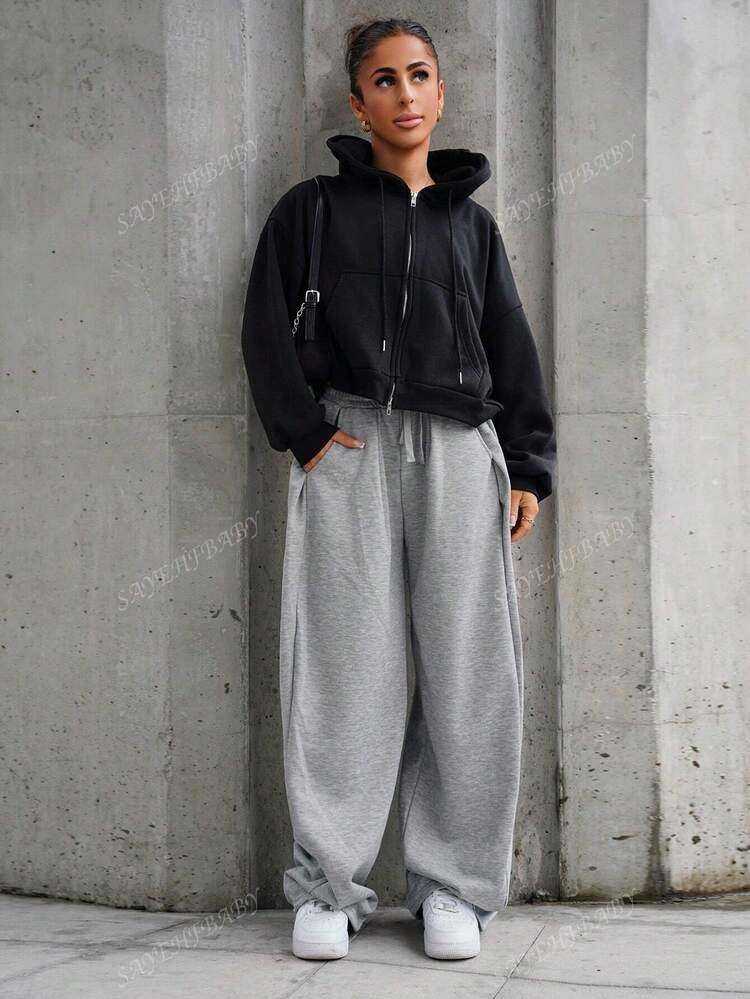 SAYEHFBABY Women's Fall Streetwear Basic Daily Wear Going Out Airport Casual Grey Low Rise Baggy Banana Pants | SHEIN