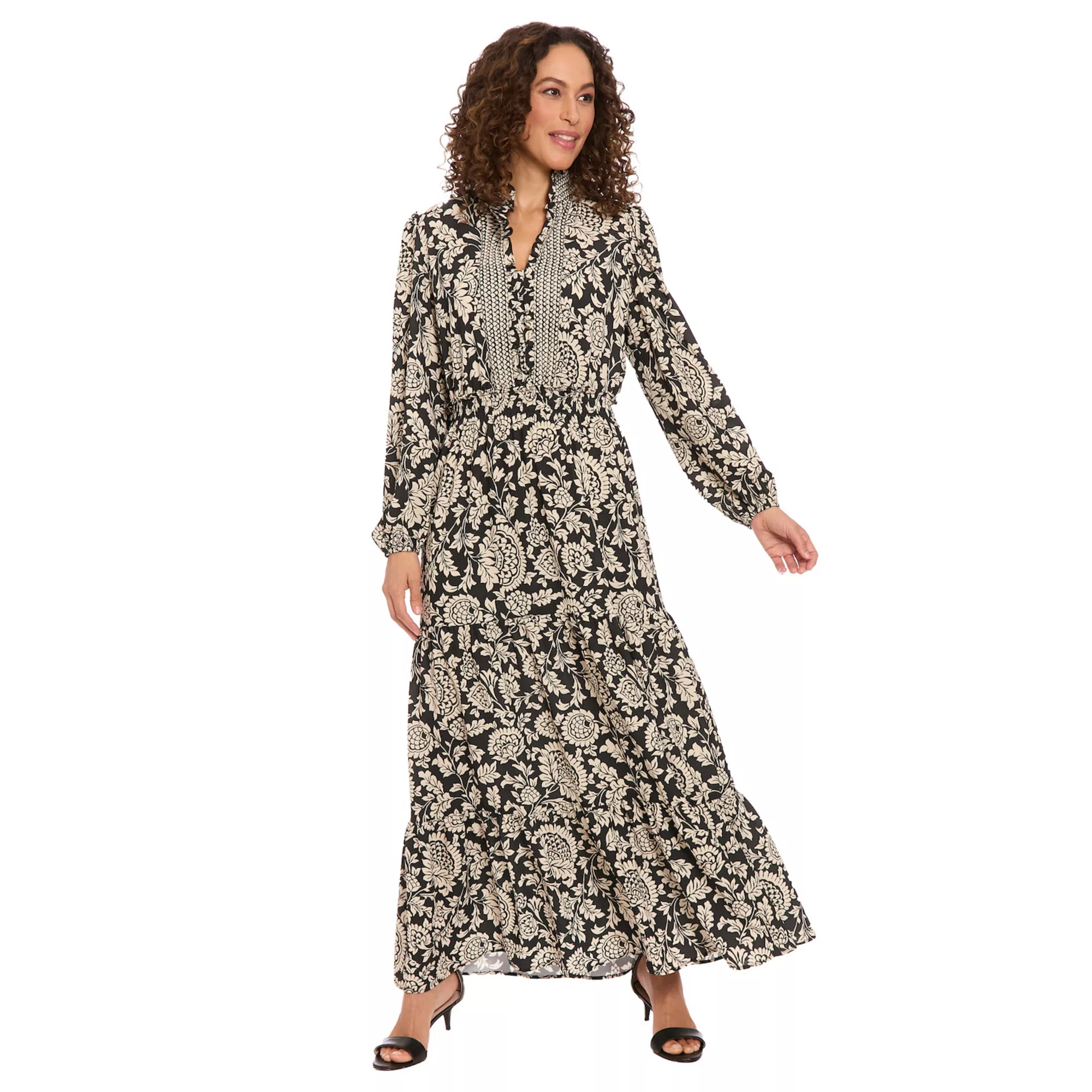 Women's London Times Ruffle Neck Smock Waist Long Bishop Sleeve Dress | Kohl's