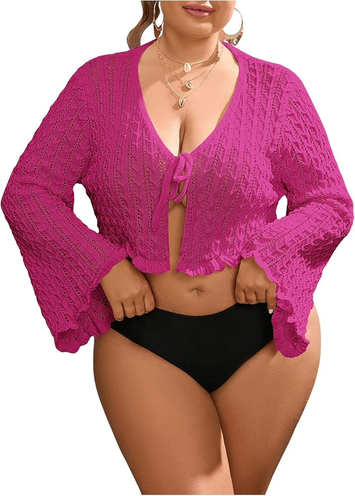 Floerns Women's Plus Size V Neck Long Flounce Sleeve Tie Front Knit Crop Cardigan | Amazon (US)