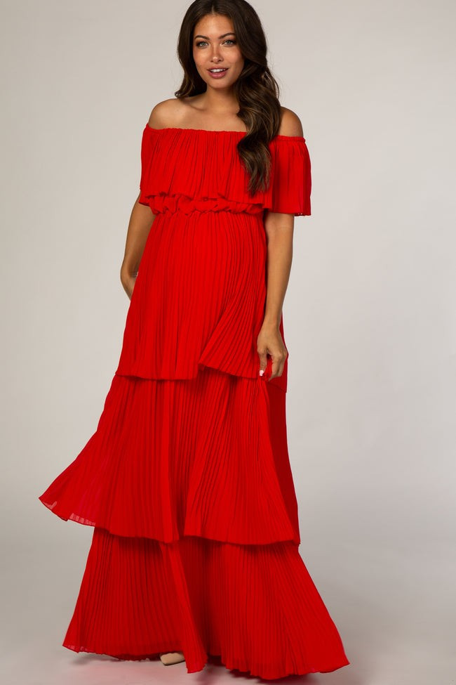 Red Pleated Ruffle Tiered Maternity Maxi Dress | PinkBlush Maternity