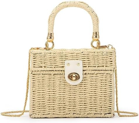 Fecialy Women Handwoven Rattan Handbag Beach Straw Tote Bag Square Boho Crossbody Bag | Amazon (US)