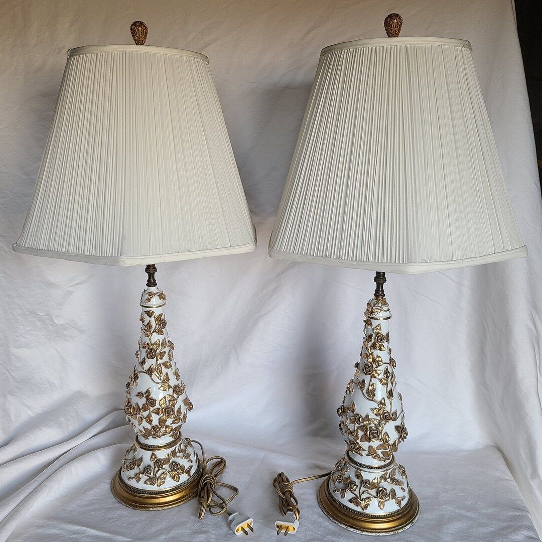 Pair of White and Gold Gilted Flowers Table Lamps with Custom Tailored Shades | Etsy (US)