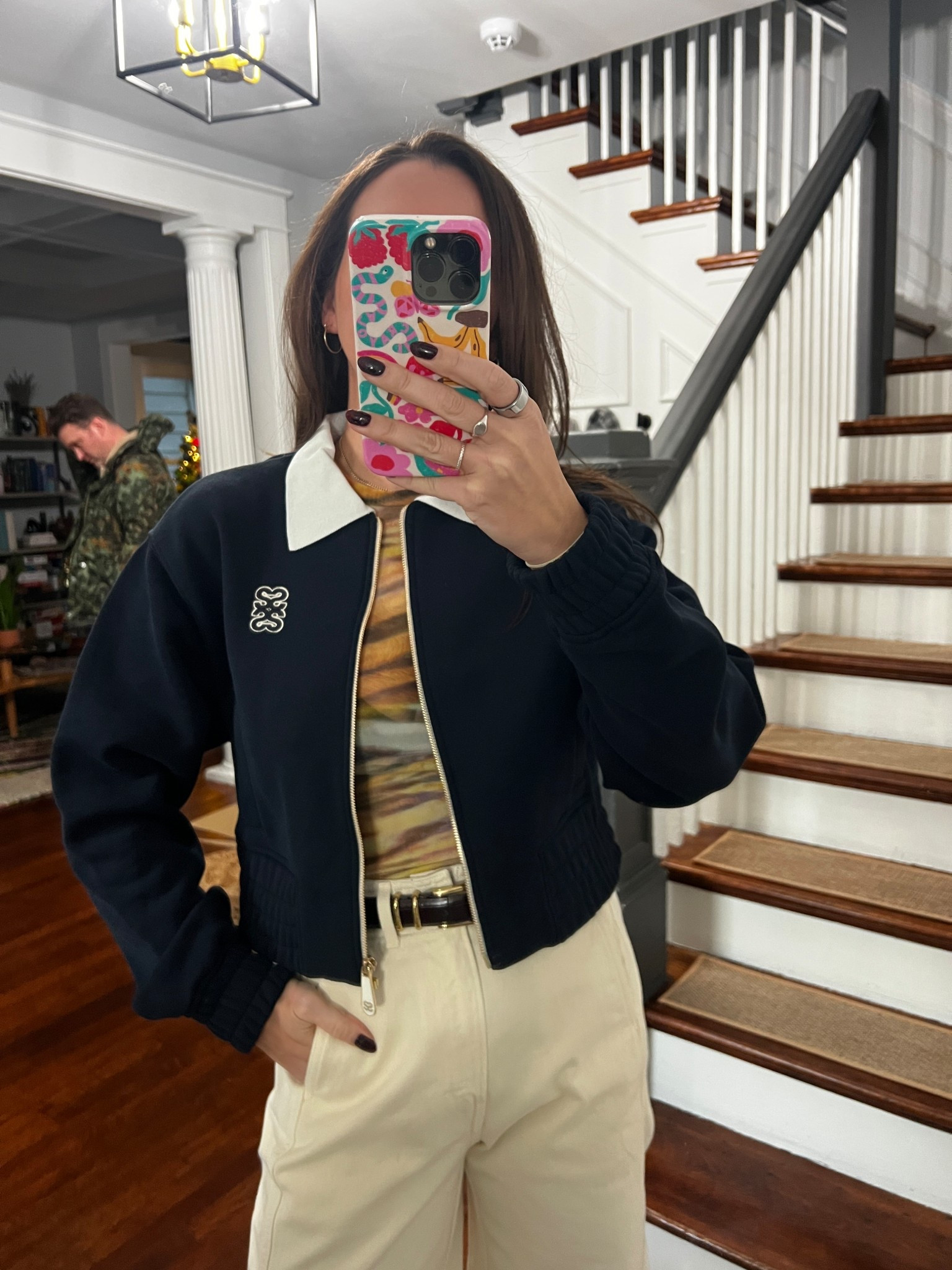 a navy bomber jacket, sheer printed top, ecru jeans, a croc belt. outfit of the night. sandro jacket. rent the runway. madewell belt. apiece apart jeans. afrm top. casual night out. date night. 

 

#LTKootd #LTKSaleAlert #LTKFindsUnder50