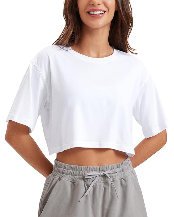 CRZ YOGA Women's Pima Cotton Workout Crop Tops Short Sleeve Yoga Shirts Casual Athletic Running T... | Amazon (US)