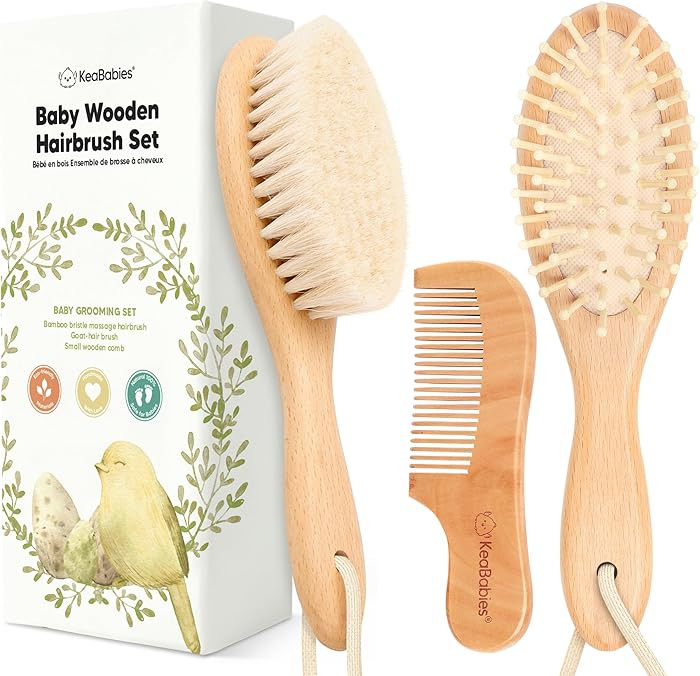 Baby Hair Brush Set for Newborns - Soft Goat Bristle Wooden Baby Brush and Comb Set Newborn Groom... | Amazon (US)