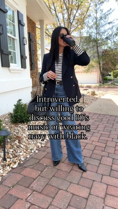 Pairing black with navy is always a win in my book!

Sizing:
Blazer-old H&M, linked options
Jean-IMPORTANT! These are from Zara and can’t be linked on LTK. I have them linked on IG stories and saved to April Link highlight. 
Boots-linked options. 
Striped shirt-linked options. 

Casual outfit | spring outfit | navy blazer | black booties | wide leg jeans | ysl aviators 

#LTKstyletip #LTKover40 #LTKfindsunder50