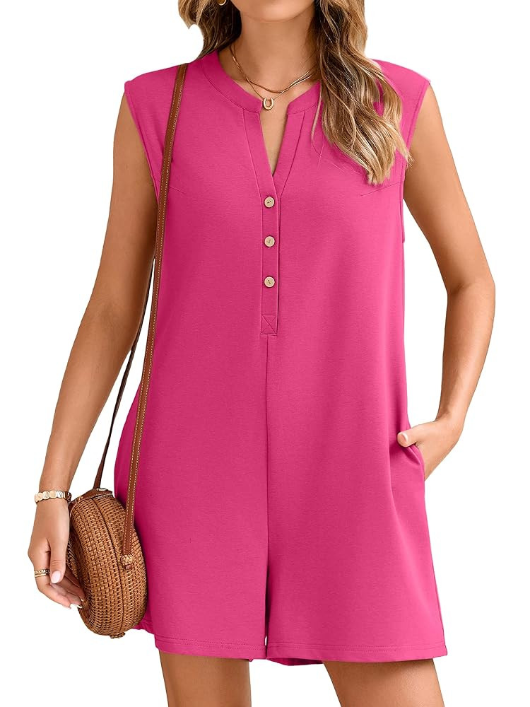 Glamaker Rompers for Women Summer Casual Sleeveless Button Down Oversized Athletic T Shirt Romper... | Amazon (US)