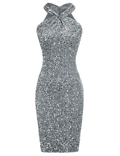 GRACE KARIN Women Glitter Sleeveless Halter Dress Sparkly Sequin Bodycon Dress Dark Gray L | Amazon (US)