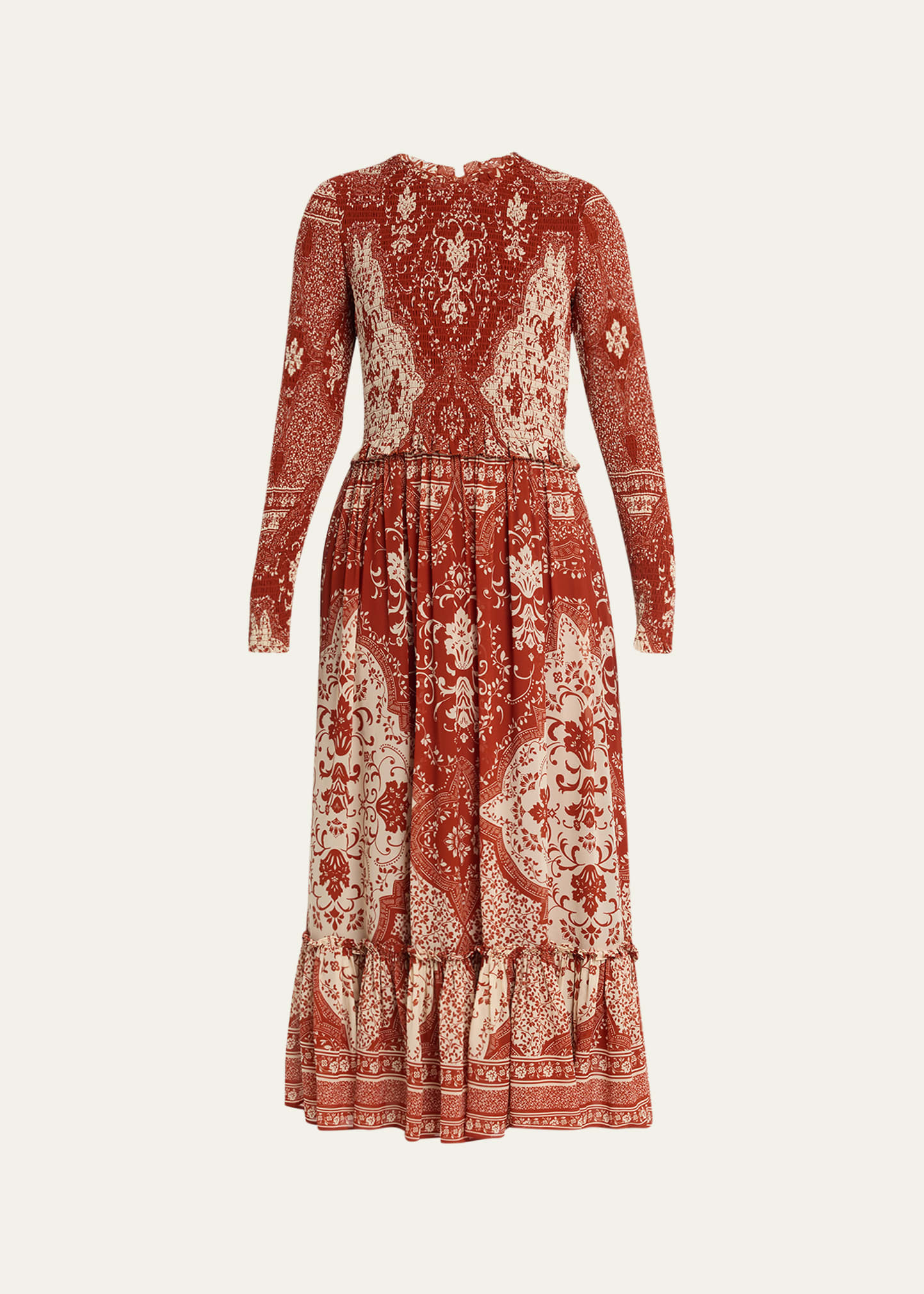 Cara Cara Violette Long-Sleeve Smocked Ruffle-Trim Midi Dress | Bergdorf Goodman