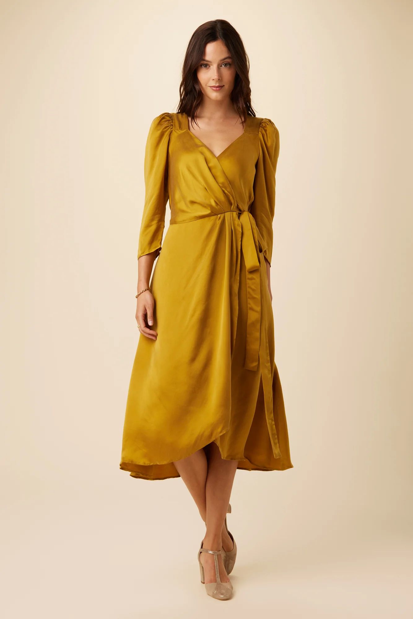 Maribel Cottonseed Cupro Wrap Dress - Gold | Amour Vert