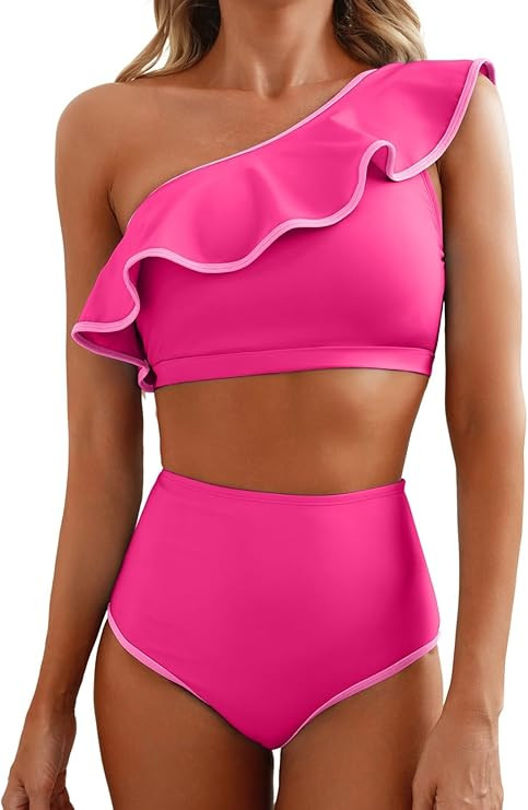 Women's One Shoulder Bikini Sets Color Block Trim Ruffle Hem Swimsuits Elegant Bathing Suits | Amazon (US)