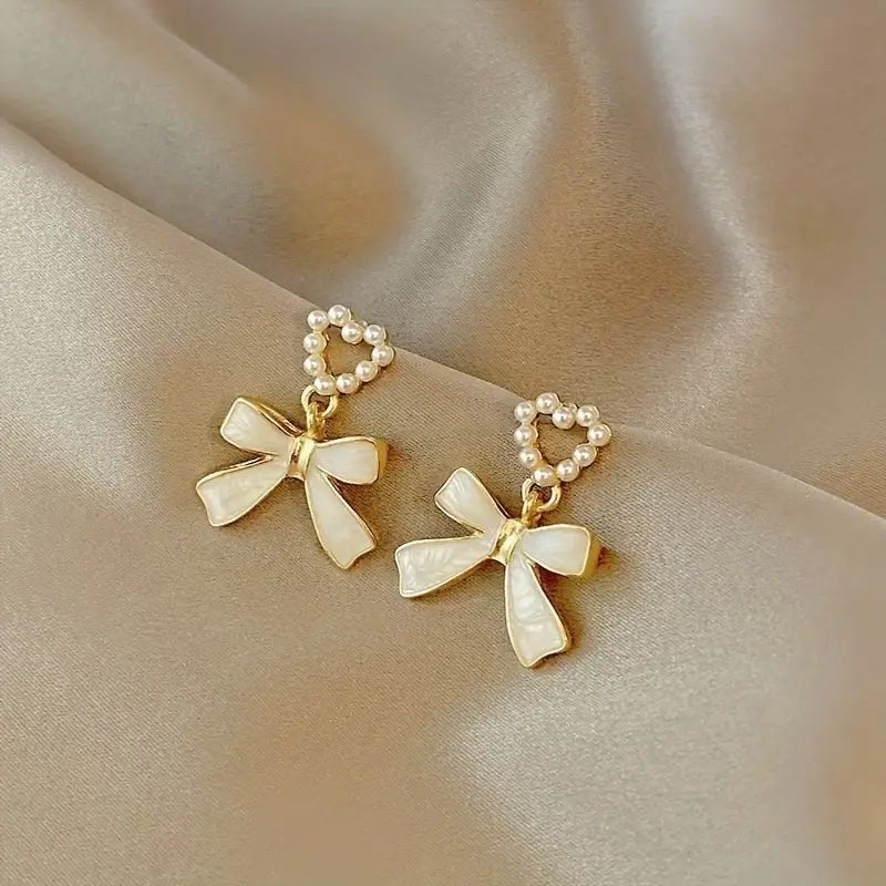 French Bow Pendant Love Heart Stud Earrings Imitation Pearl Inlaid Alloy Ear Jewelry Retro Elegan... | Temu Affiliate Program