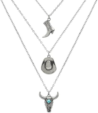 Boho Turquoise Layered Western Necklace for Women Bull Head Cowboy Hat Boots Cactu Pendant Neckla... | Amazon (US)