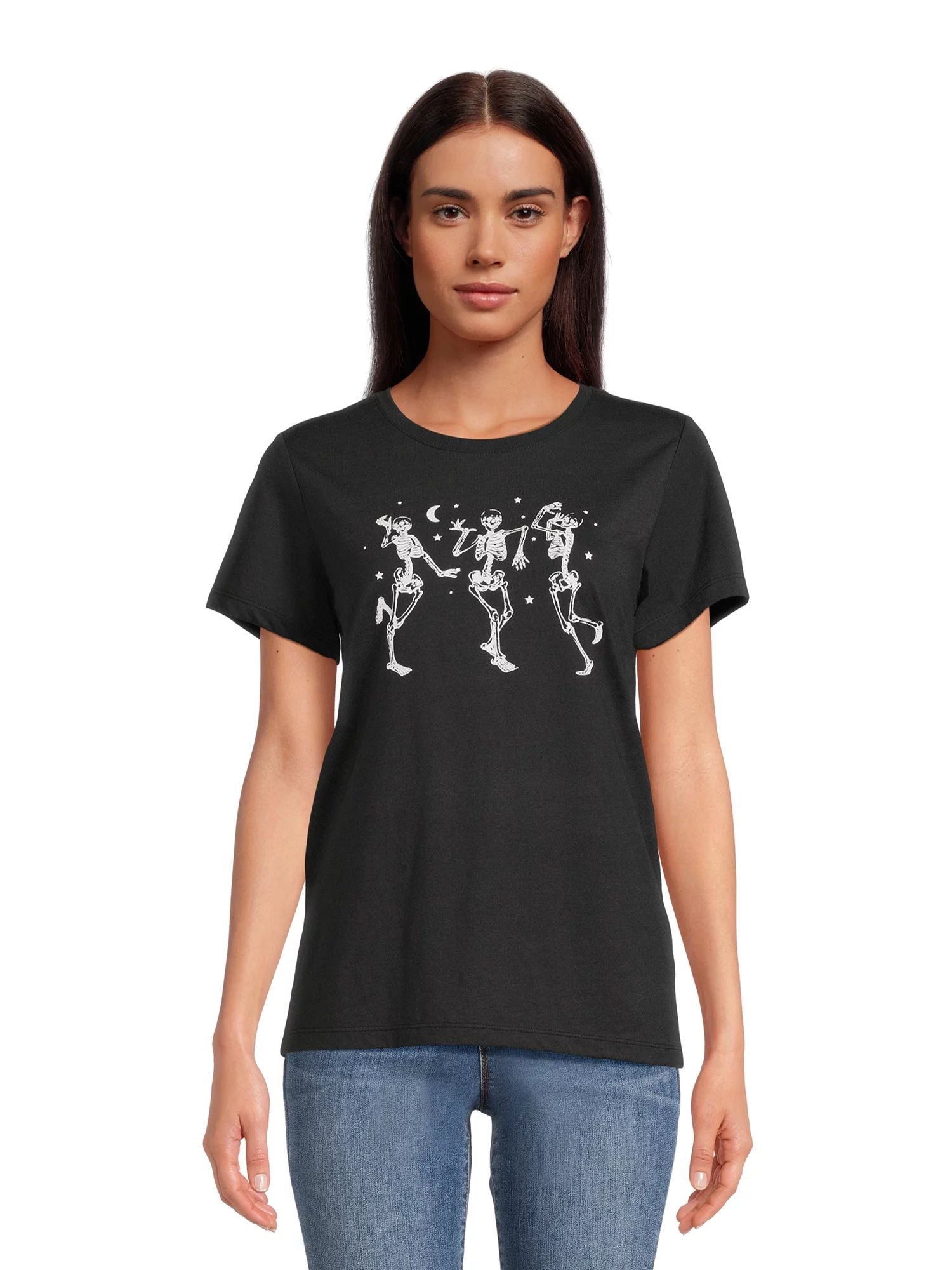 Women's Halloween Skeleton Graphic Tee, Fall Short Sleeve T Shirt from Way to Celebrate, Sizes S-... | Walmart (US)