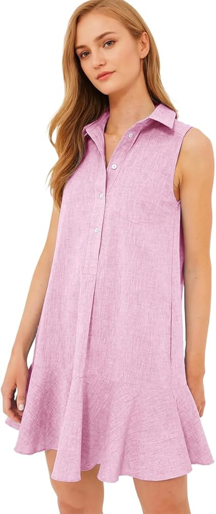Women's Sleeveless Shirt Dress Summer Collared Button Down Ruffle Hem Tank Mini Dress | Amazon (US)