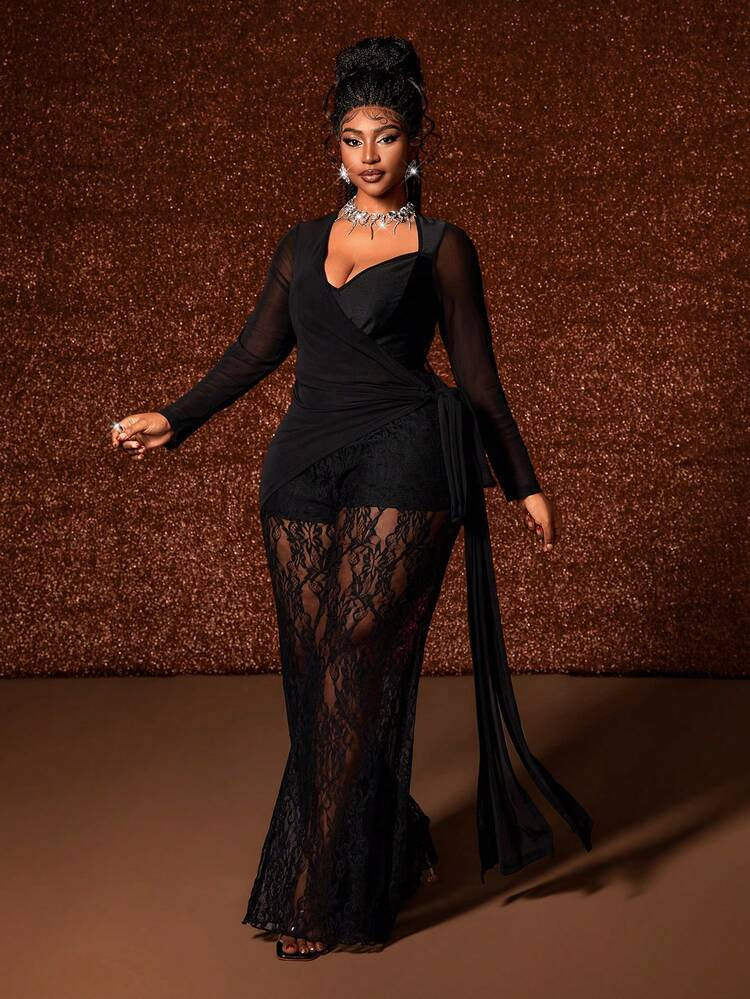 Maweii Plus Size Women Solid Color Lace Patchwork Mesh Fabric Ruched Jumpsuit, Suitable For Party/Cocktail, Wedding | SHEIN