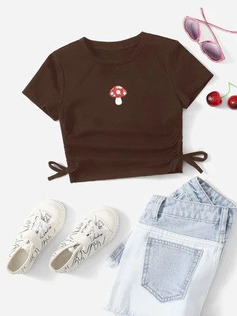 SHEIN Kids EVRYDAY Girls Knot Detail Mushroom Print Crop Tee | SHEIN