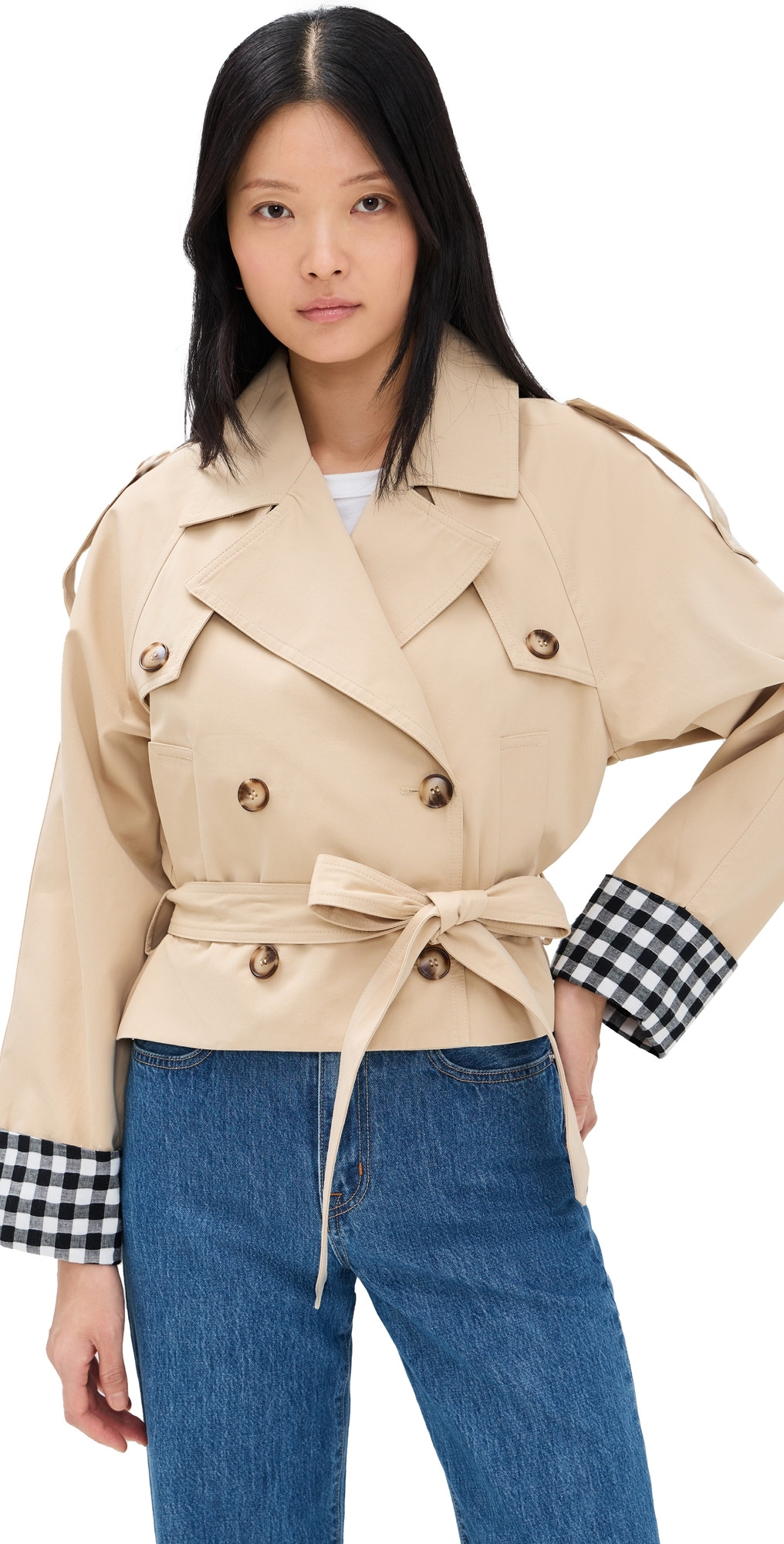 Line & Dot Alba Crop Trench Jacket with Gingham Check Cuffs Beige/Blac L | Shopbop