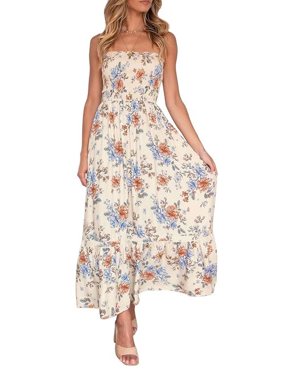ZESICA Women's 2024 Summer Bohemian Floral Printed Strapless Beach Party Long Maxi Dress | Amazon (US)