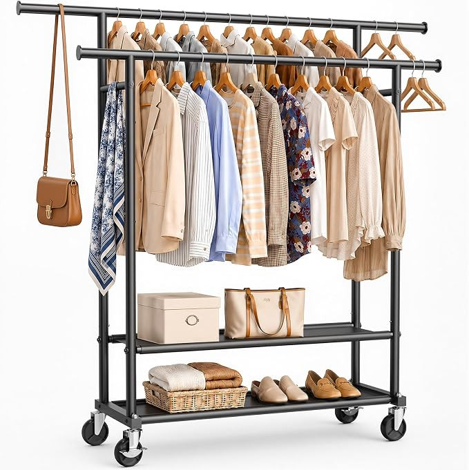 Portable Clothes Rack Rolling Garment Rack with Wheels 260LBS Black | Clothing Rack Hanging Cloth... | Amazon (US)