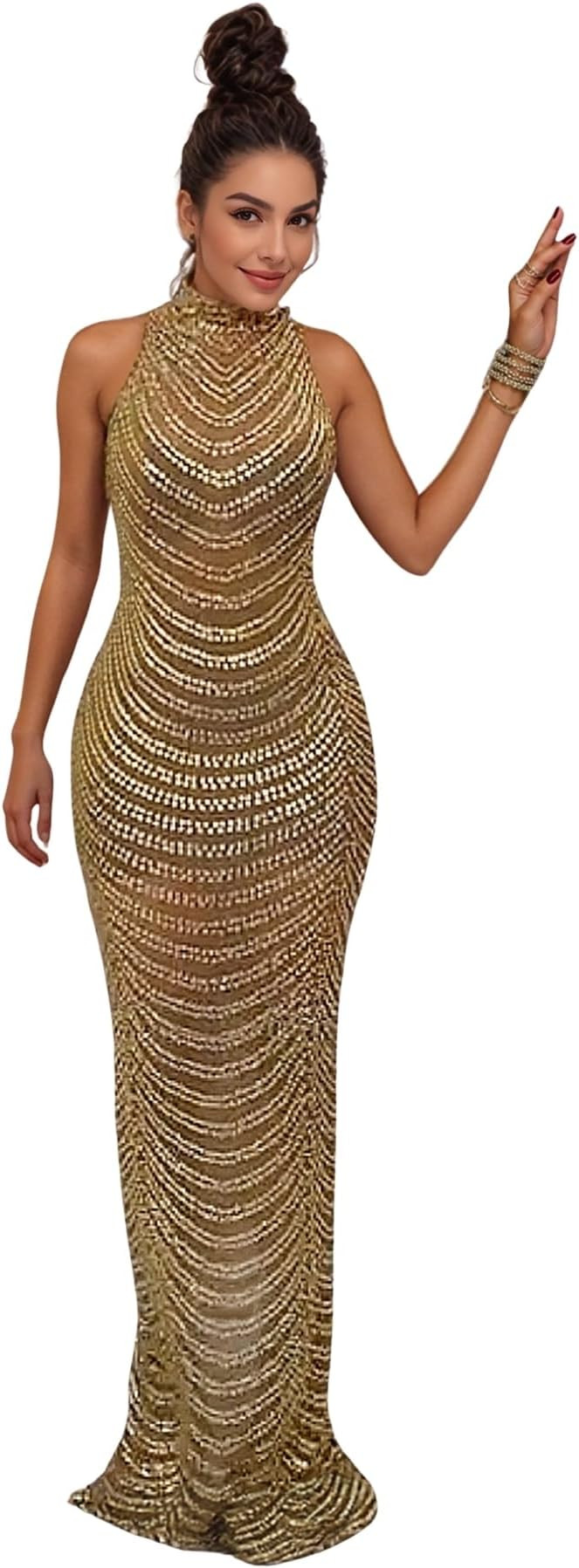 PORRCEY Women's Sexy Rhinestone Mesh See Through Party Night Prom Dress | Amazon (US)