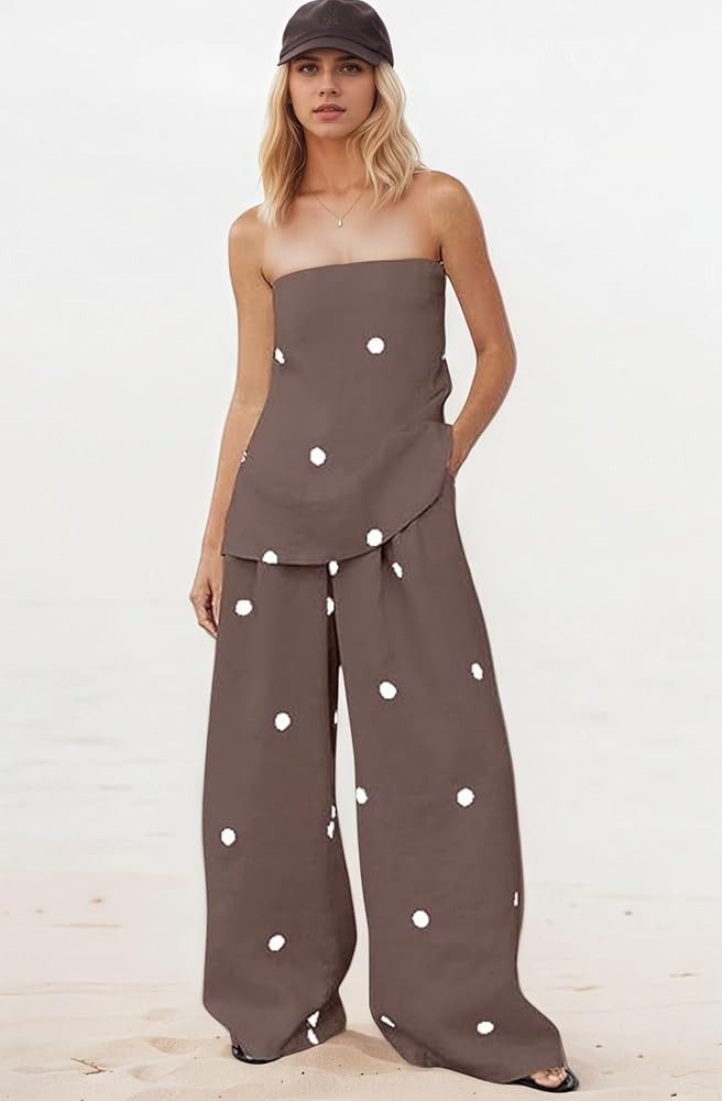 Polka Dot Set Polka Dot Tube Top Strapless High Waist Wide Leg Pants Lounge Women 2 Piece Sets Fo... | Amazon (US)