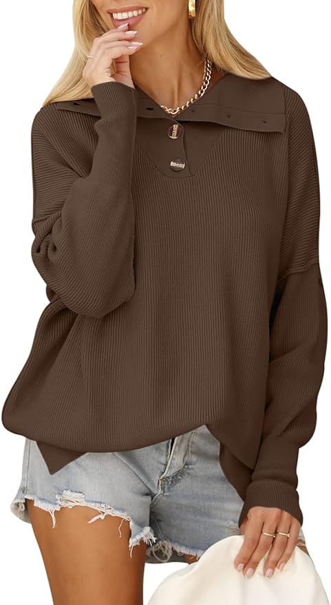 DEEP SELF Fall Women's Long Sleeve V Neck Button Sweaters Collar Drop Shoulder Oversized Sweater ... | Amazon (US)