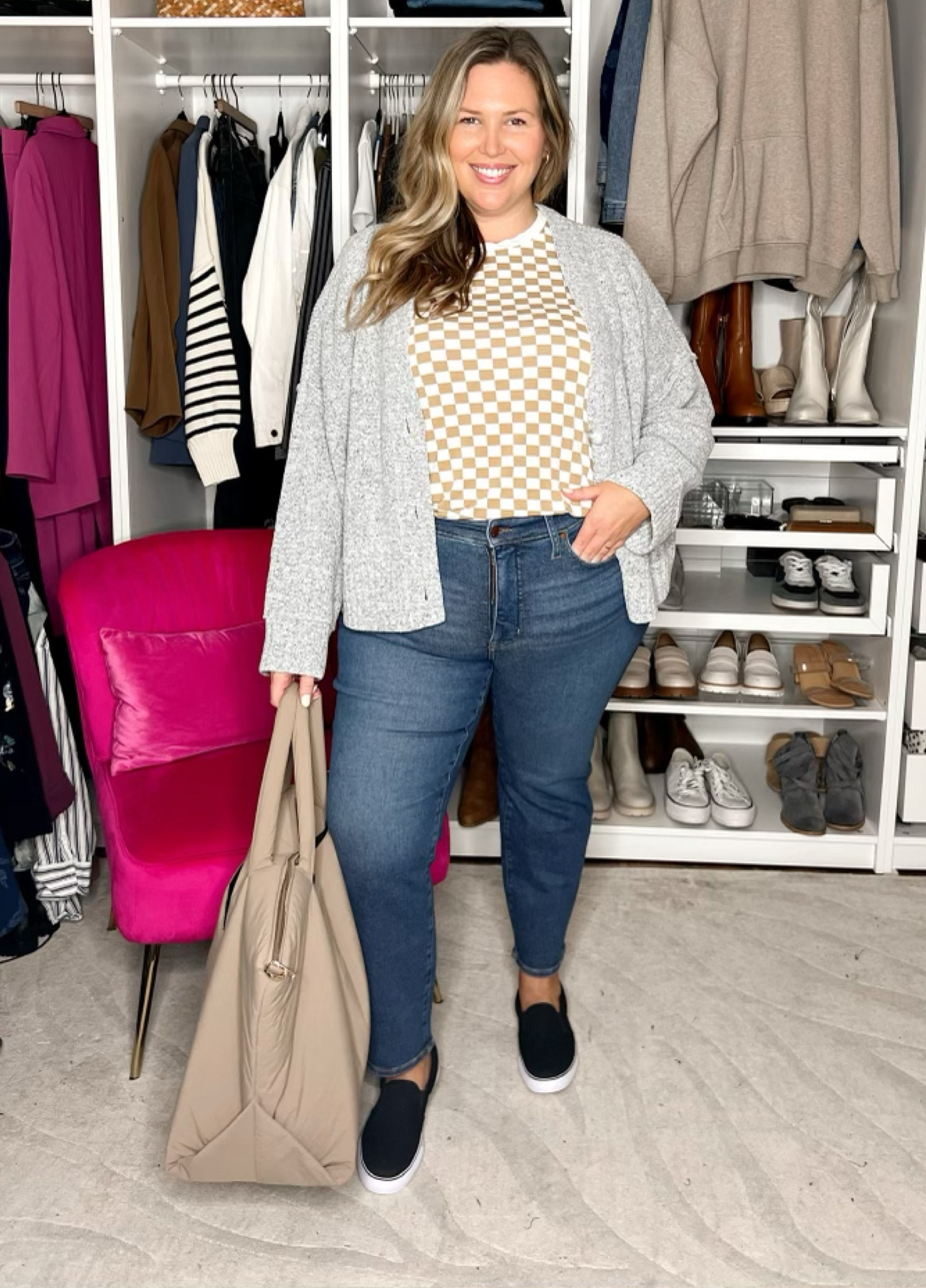 Day 5/5 of Styling Sneakers! Madewell straight jeans 18W they have structure but stretch… size up if you’re unsure. This maurices tee runs generous, I could do the 1X. It is super soft and I love the checked print! It’s running low in stock so I linked some similar ones as well! Added an Abercrombie XXL Chenille Sweater — it fits a bit oversized but I like it that way. I know they are selling fast, but they will likely restock! Added an oversized bag from Target and a pair of slip-on sneakers also from Target. 

#LTKshoecrush #LTKplussize #LTKstyletip