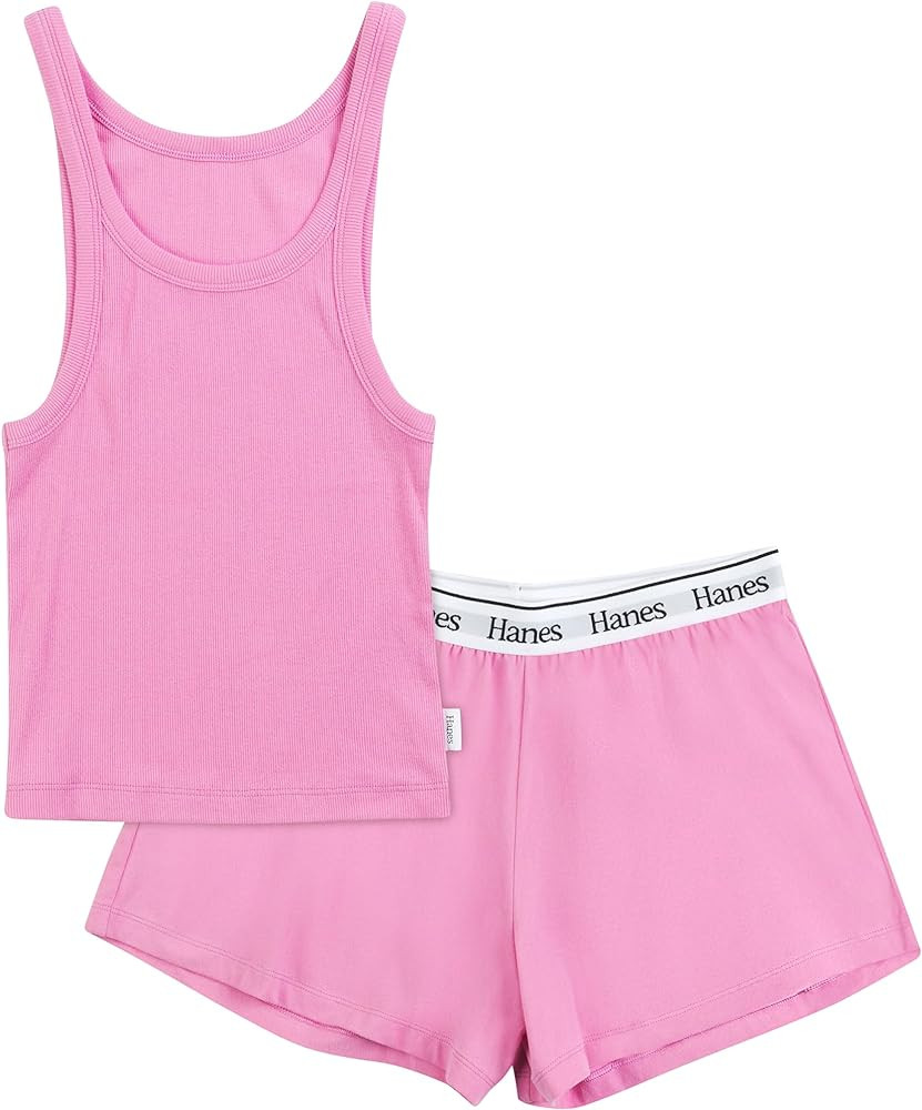 Hanes Women's Originals Comfywear Rib Crop Tank and Sleep Shorts, 2-Piece Set | Amazon (US)