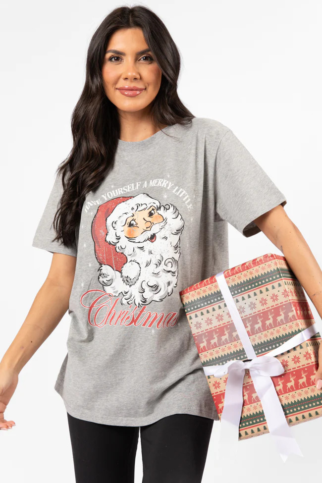 Santa Merry Little Christmas Light Grey Oversized Graphic Tee DOORBUSTER | Pink Lily