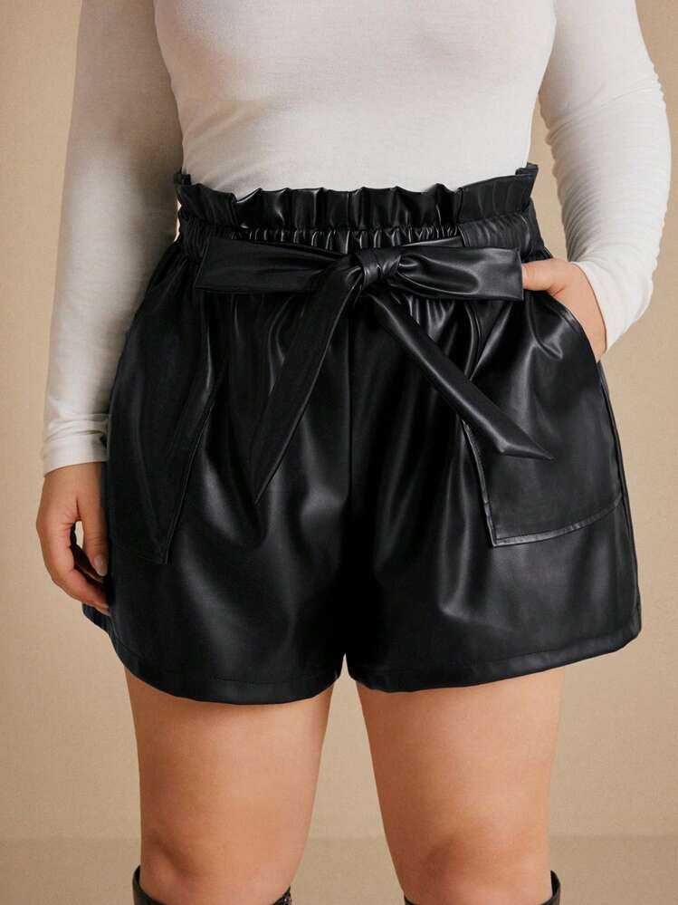 Elaquor Plus Size Women Solid Color Waist Knotted PU Leather Pockets Loose Shorts | SHEIN