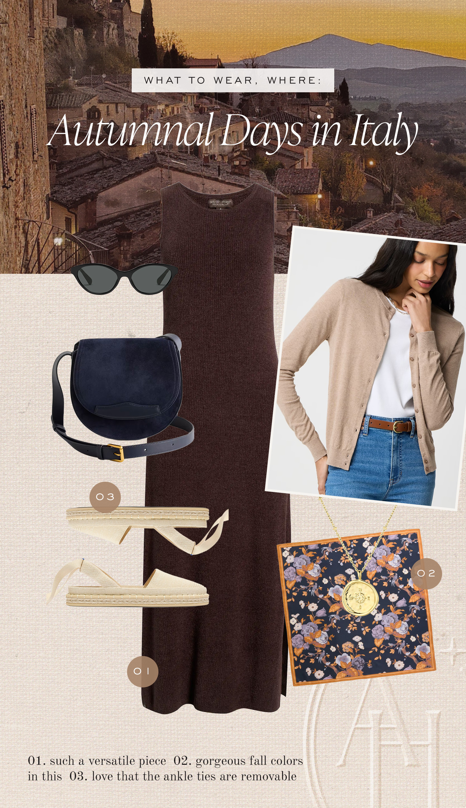 The perfect layered look for an Italian fall. Suede crossbody bag, a silk scarf, espadrilles and sleeveless sweater dress.  

 #LTKootd #LTKTravel