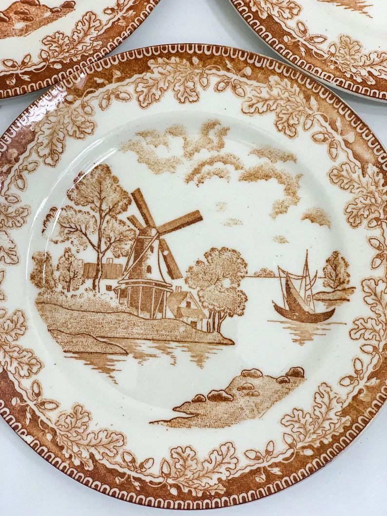 Vintage Brown Transferware Plates With Windmill Chinoiserie - Etsy | Etsy (US)