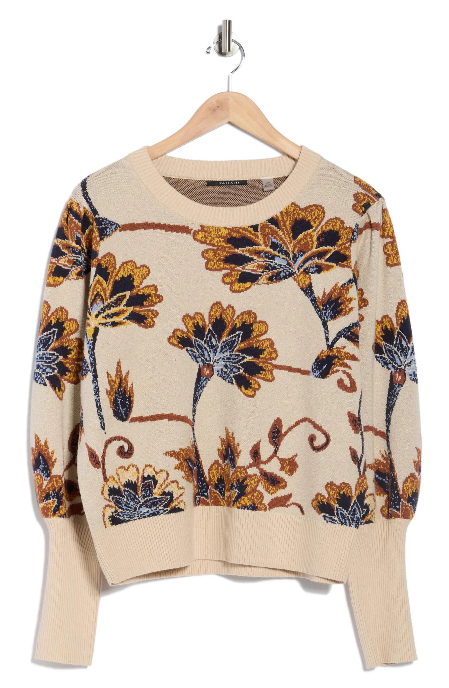 T Tahari Puff Sleeve Floral Jacquard Sweater | Nordstromrack | Nordstrom Rack
