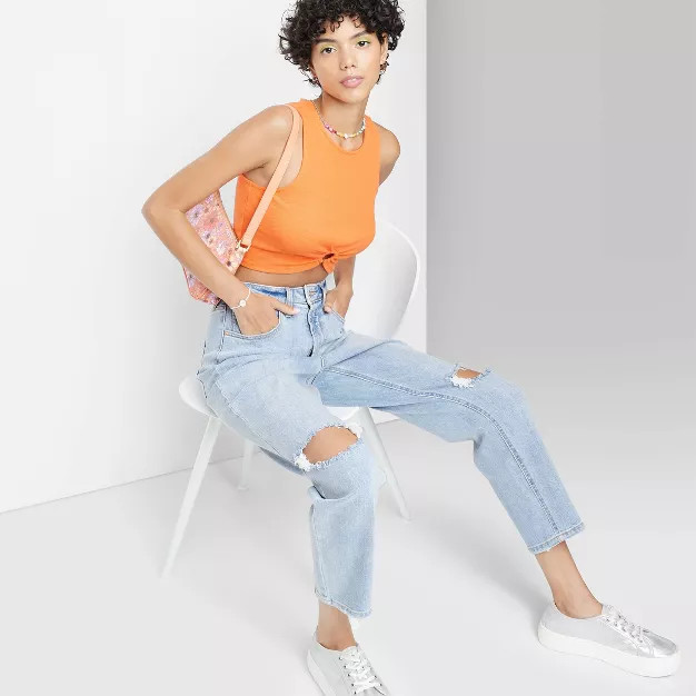 Women's Super-High Rise Distressed Curvy Mom Taper Jeans - Wild Fable™ Light Blue Wash | Target