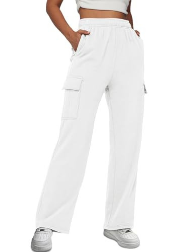 AUTOMET Womens Cargo Sweatpants Tall Baggy Fleece High Waisted Sweats Pants Athletic Trousers with Pockets 2024 White M | Amazon (US)