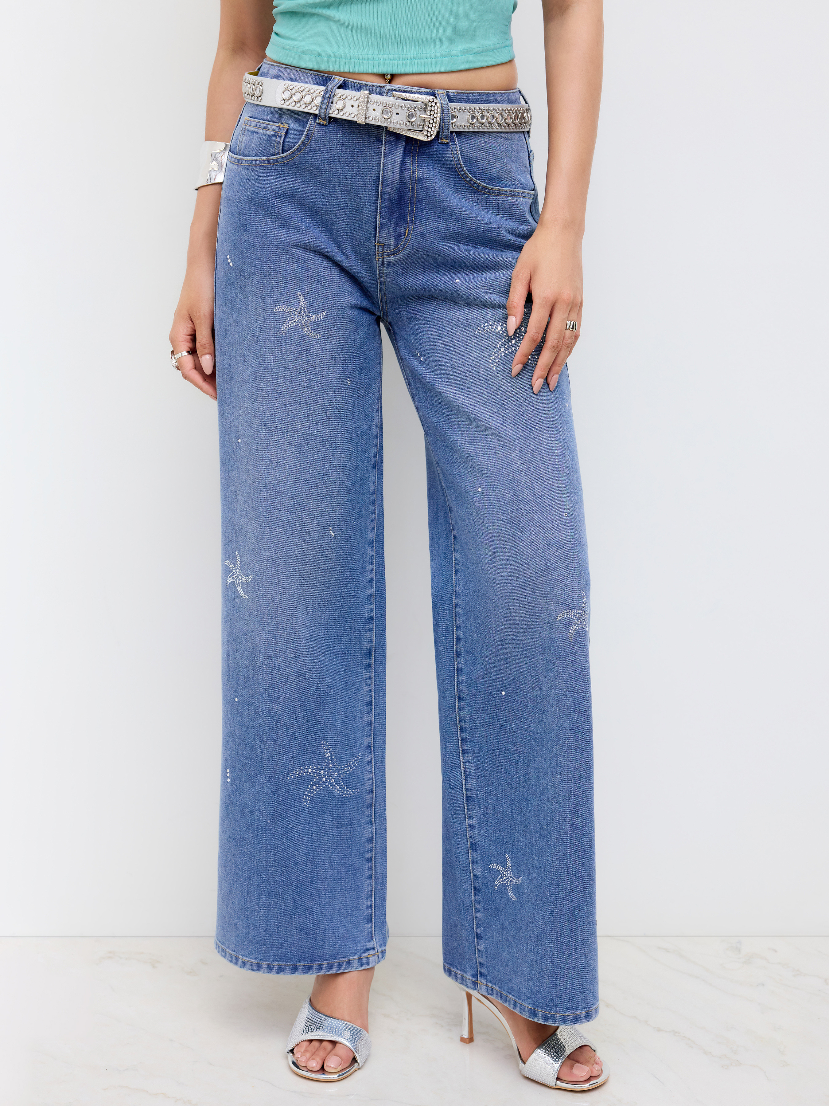Denim Cider Denim Mid Rise Starfish Rhinestone Baggy Jeans For Daily Casual | Cider