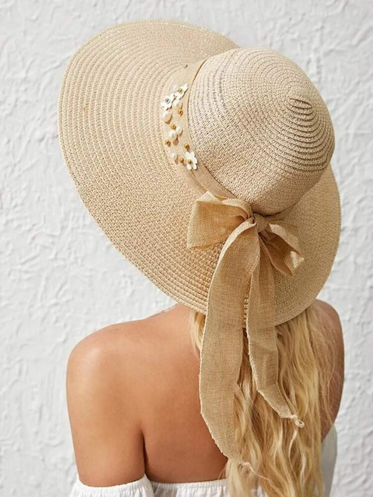 Faux Pearl & Floral Decor Straw Hat | SHEIN