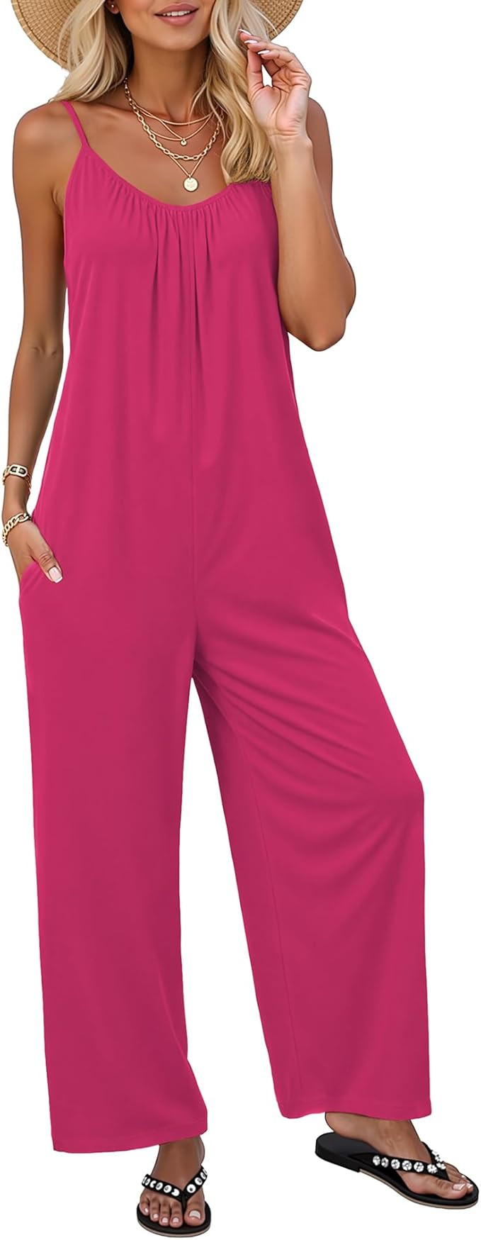 LILBETTER Women Jumpsuits Casual Sleeveless Spaghetti Strap Boho Wide Leg Rompers with Pockets | Amazon (US)