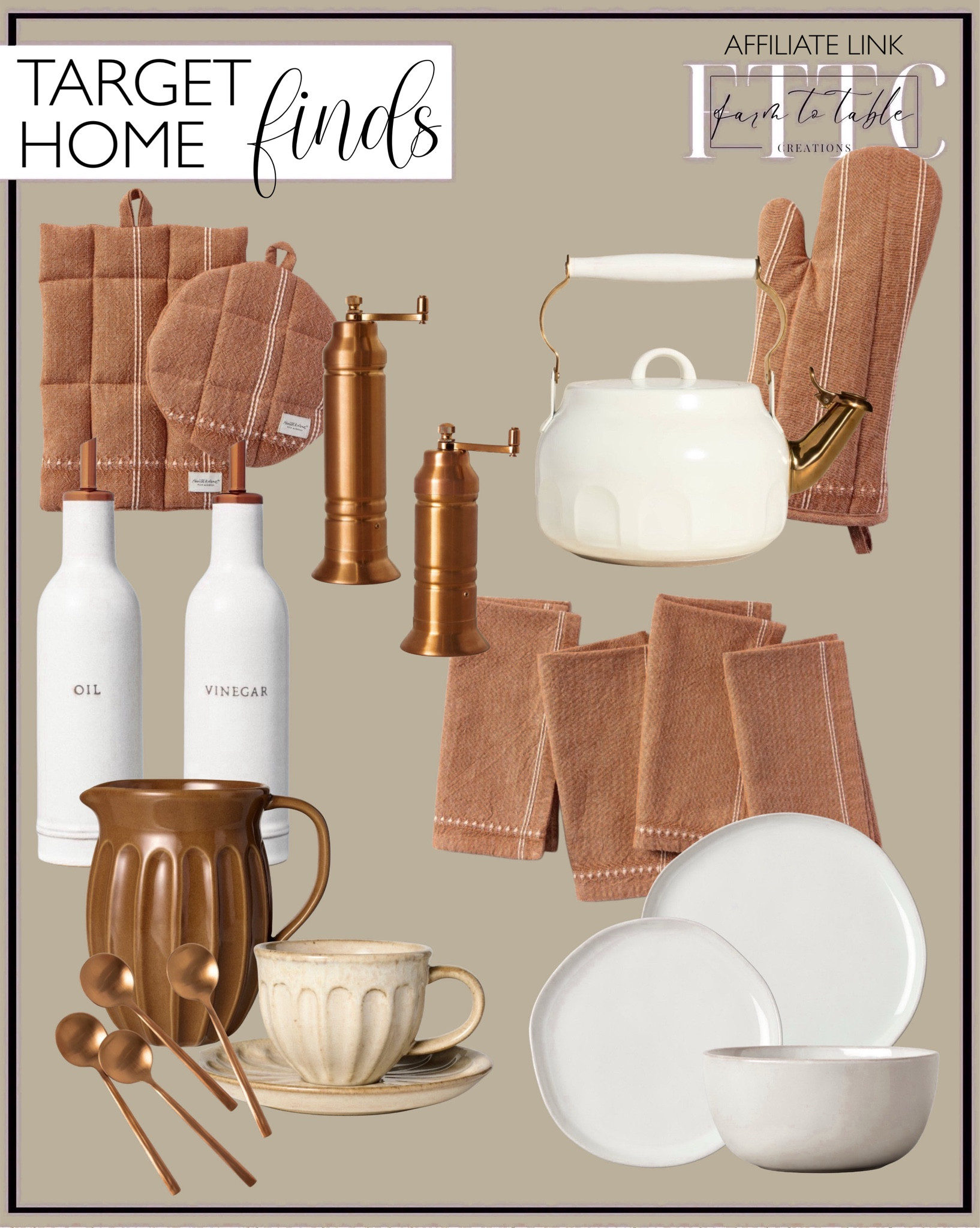 Target Home Finds. Follow @farmtotablecreations on Instagram for more inspiration.

2pc Oil & Vinegar Stoneware Bottle Set Cream/Copper - Hearth & Hand. Wood & Brass Napkin Holder.  Stoneware Dinner Plates. Stoneware Cereal Bowl. 2qt Stainless Steel Arch Cutout Teapot. 4pk Textured Stripe Border Cloth Napkins Rust. Tasting Spoons. Beverage Pitcher. Espresso Cup & Saucer.  2pc Textured Stripe Border Potholders Rust. Textured Stripe Border Oven Mitt Rust. 

Target Kitchen Finds. Hearth & Hand with Magnolia. Target Deals. Target Circle Week. Fall Decor. Fall Home Finds. 


#LTKFindsUnder50 #LTKStyleTip #LTKHome