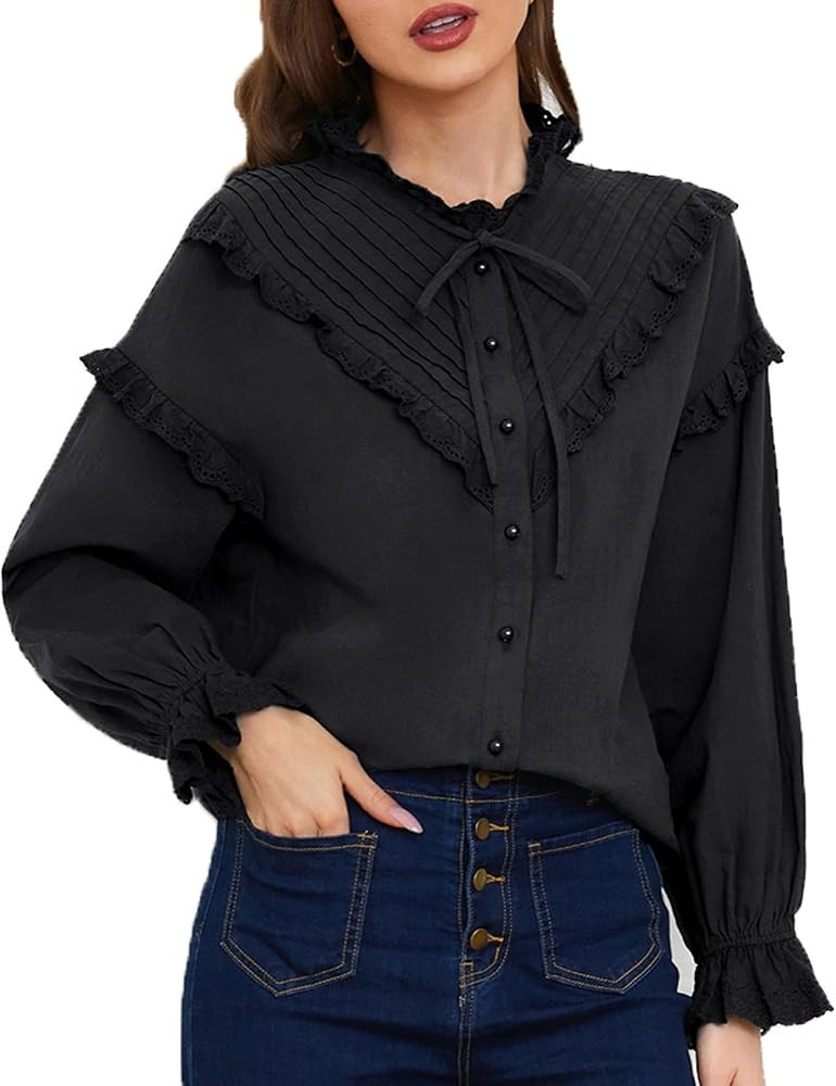 Belle Poque Womens Vintage Victorian Shirts Cotton Long Sleeve Ruffle Button Down Casual Blouses ... | Amazon (US)