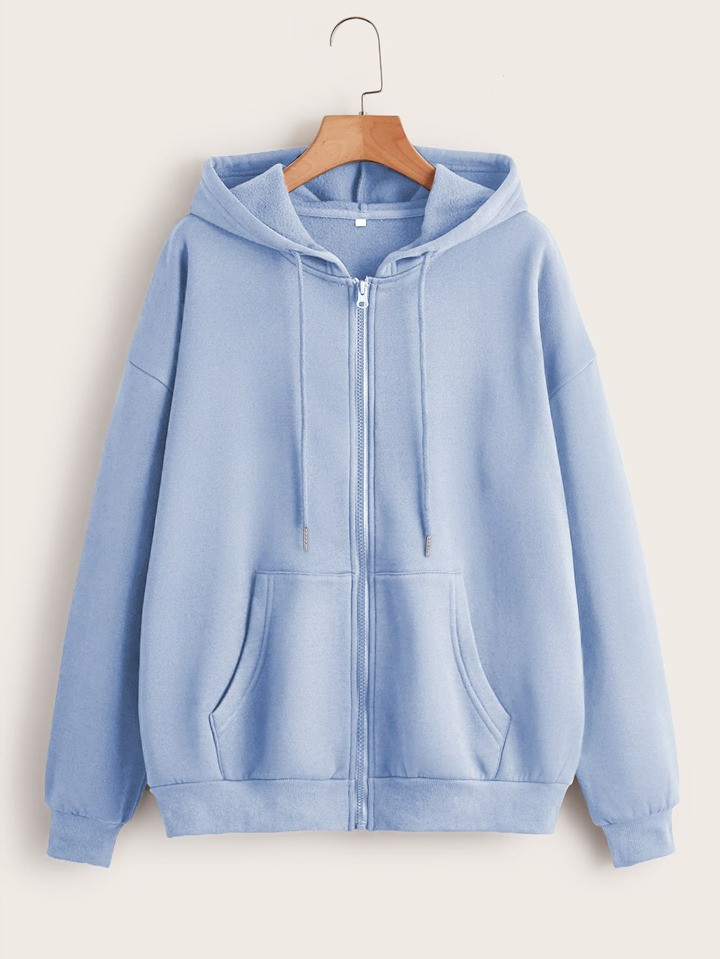 SHEIN EZwear Solid Zip Up Drawstring Thermal Lined Hoodie | SHEIN